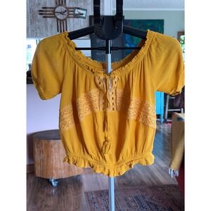 Tangerine Garden Fairy Peasant Crochet Lace Boho Crop Blouse